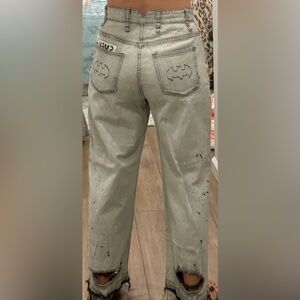 Women’s Light Gray Distressed Batman-Pocket Jeans